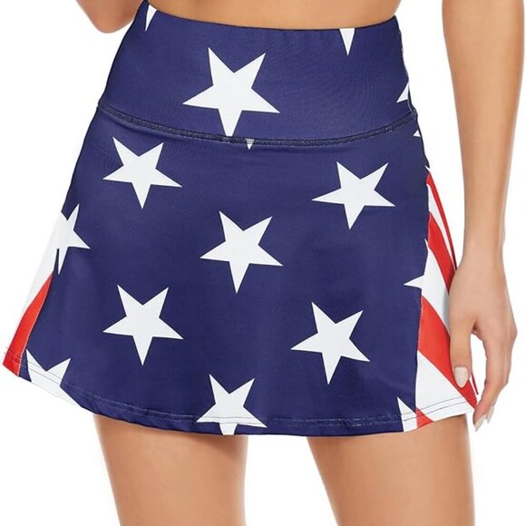 High Waist Pleated Tennis Skirt American Flag Design - Picture 1 of 10